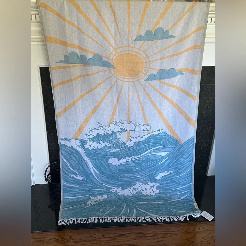 SWELL DAY SUN + OCEAN Tapestry Wall Art Woven Green + Mustard Blue + Yellow NEW!
